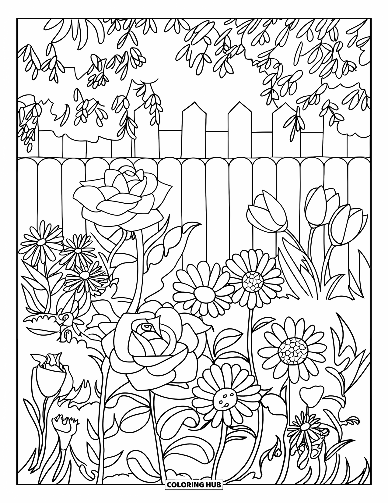 Blumen Ausmalbild für Kinder: Ein üppiger Blumengarten mit einem weißen Lattenzaun und einer Vielzahl von voll erblühten Blumen