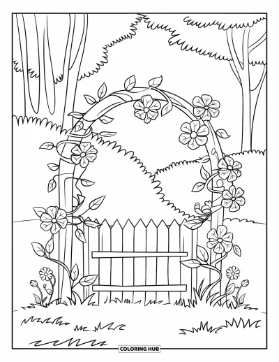 Desenho de flores para colorir para crianças: Um cenário de floresta exuberante com trepadeiras e flores formando arco sobre uma cerca de madeira em uma paisagem tranquila