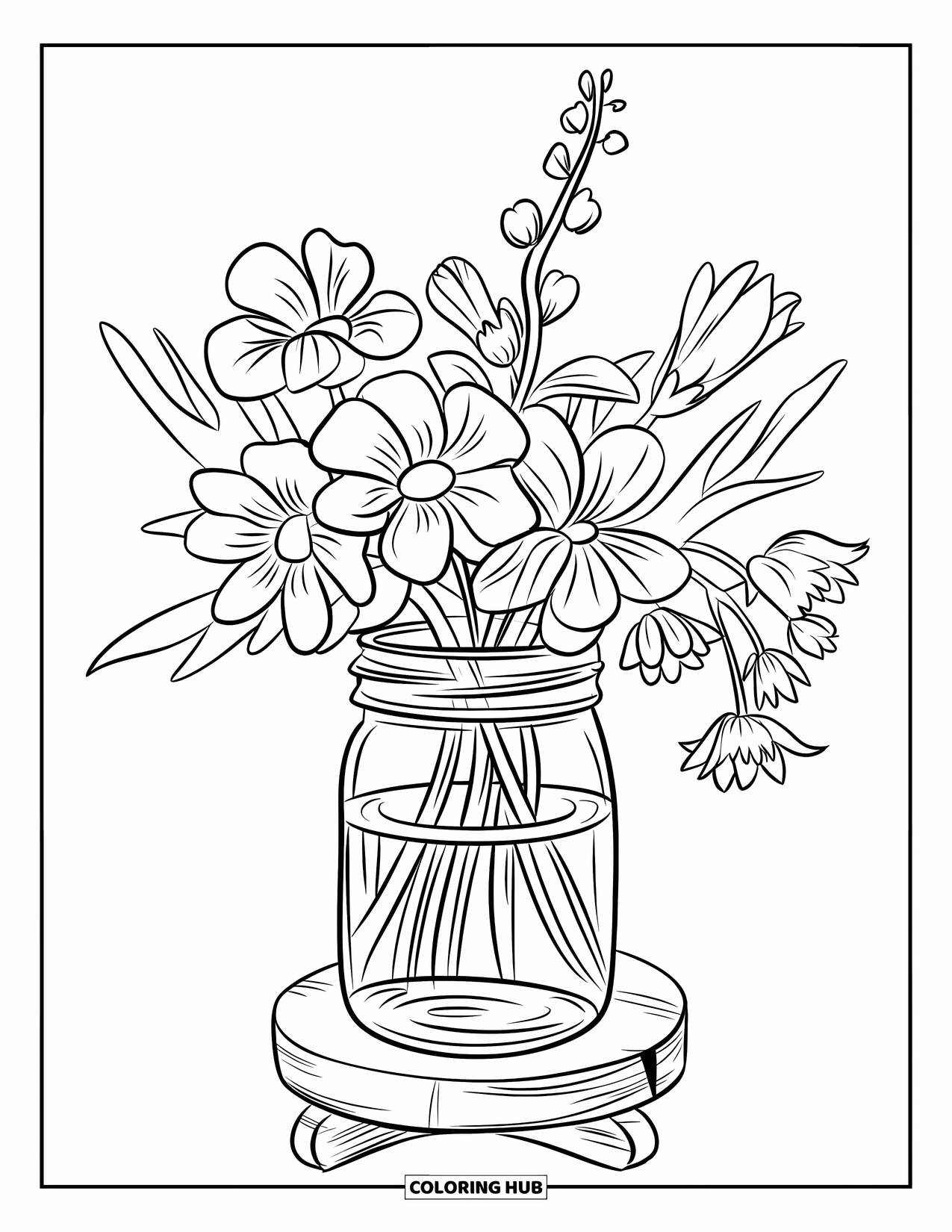 Blumen Ausmalbild für Kinder: Ein Einmachglas gefüllt mit frisch gepflückten Blumen steht auf einem Holzständer mit einem einfachen Hintergrund