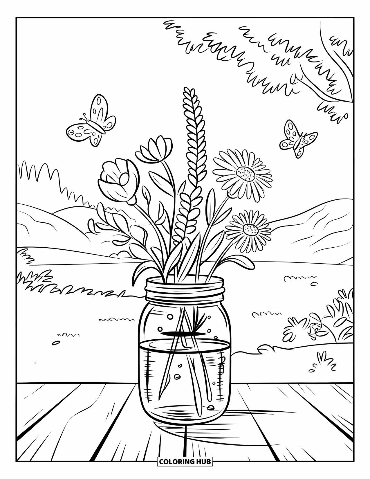 Blumen Ausmalbild für Kinder: Ein Einmachglas mit Blumen steht auf einer Holzoberfläche, mit Schmetterlingen, die in der Nähe in einer friedlichen Landschaft herumflattern
