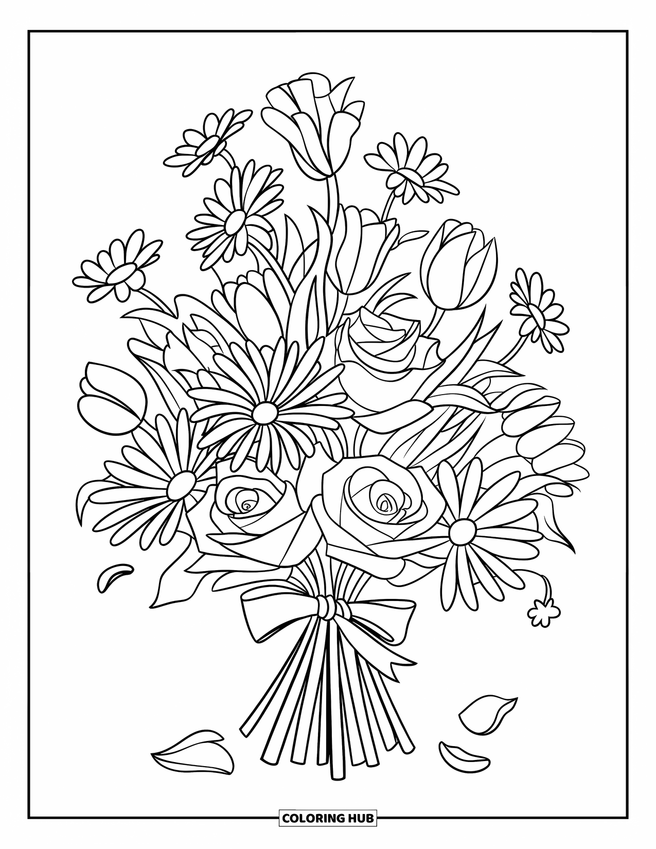 Blumen Ausmalbild für Kinder: Ein gemischter Blumenstrauß, der mit einem Band zusammengebunden ist, mit ein paar Blütenblättern, die herumtreiben