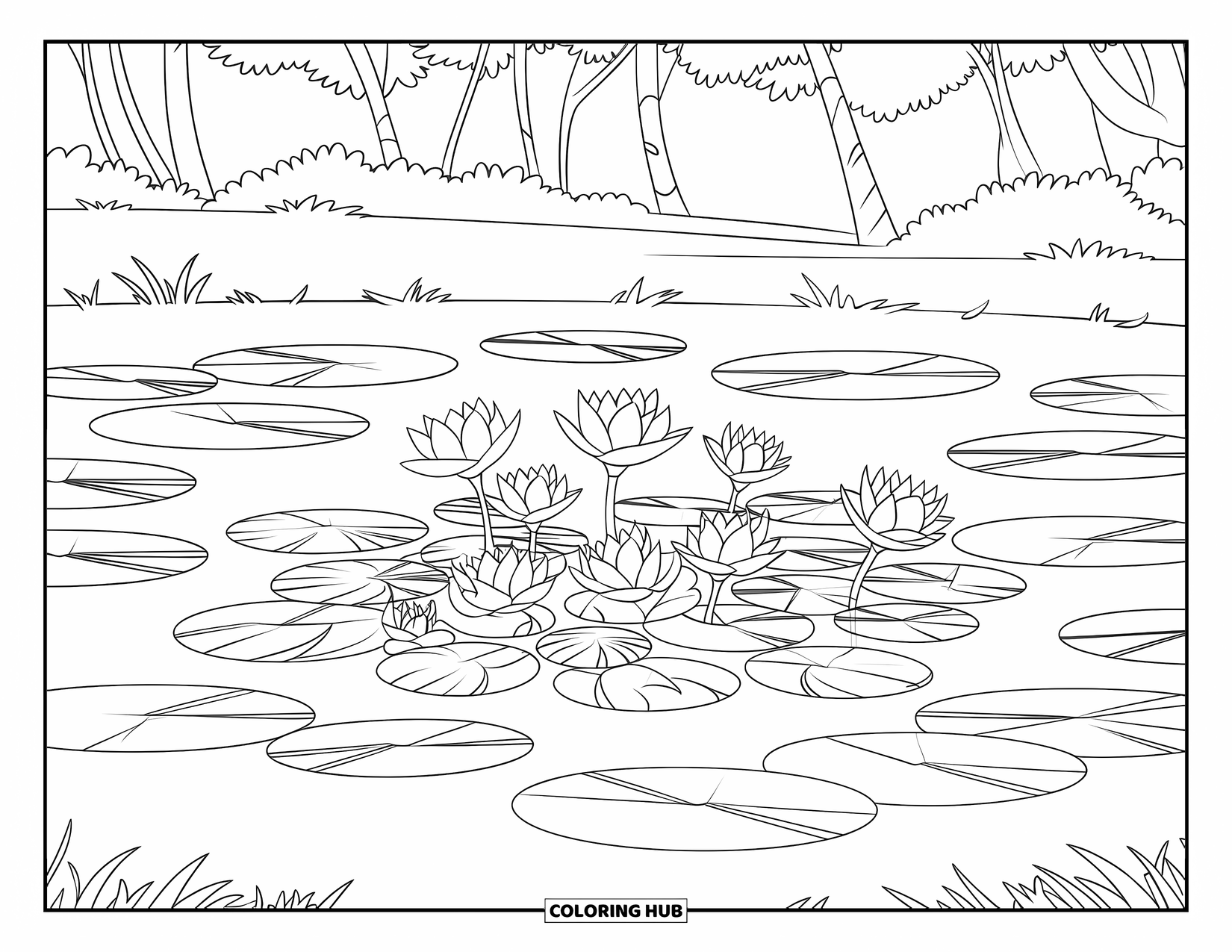 Blumen Ausmalbild für Kinder: Ein Teich, der mit Seerosenblättern bedeckt ist, mit blühenden Seerosen und Bäumen, die in der Nähe weiche Schatten werfen