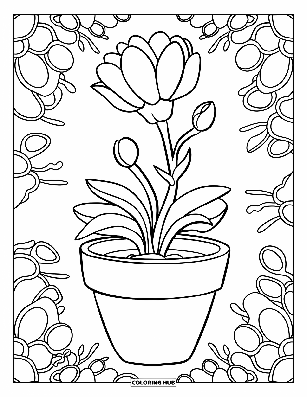 Blumen Ausmalbild für Kinder: Eine Topfpflanze mit einer einzelnen Blume und winzigen Knospen, gezeichnet in einem fröhlichen Stil