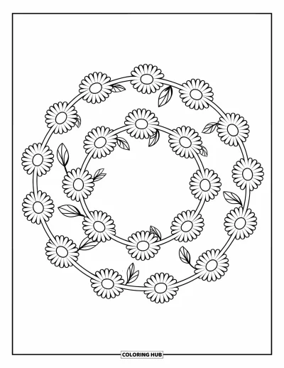 Desenho de flores para colorir para crianças: Um anel de margaridas com folhinhas entre cada flor em um design simples e elegante