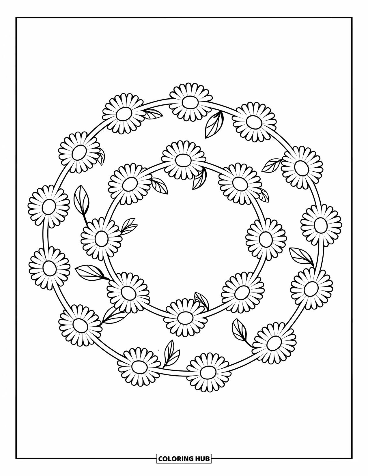 Blumen Ausmalbild für Kinder: Ein Ring aus Gänseblümchen mit winzigen Blättern, die zwischen jeder Blüte eingebettet sind, in einem einfachen, eleganten Design