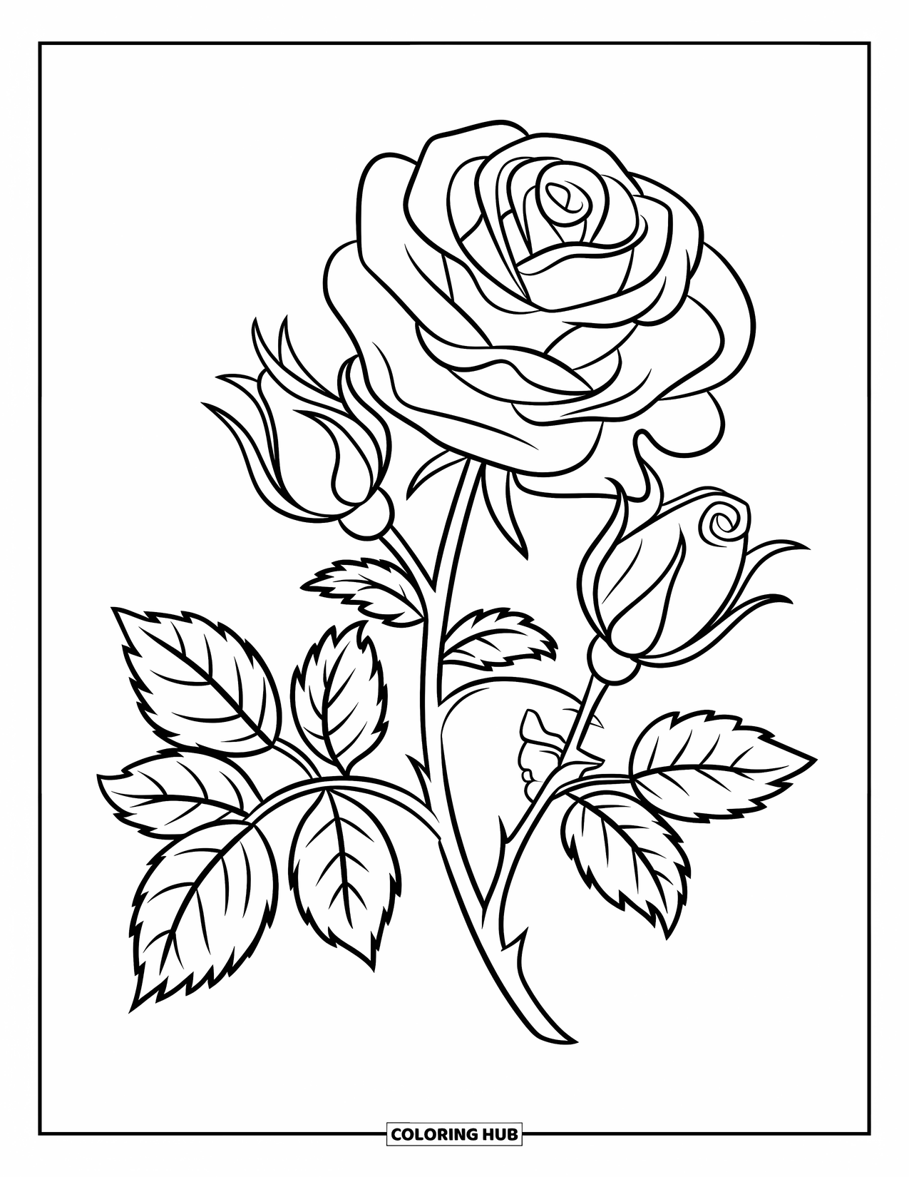 Blumen Ausmalbild für Kinder: Eine Rose mit kräftigen Umrissen und zarten Blütenblattschichten, mit zwei Knospen, die aus demselben Stiel sprießen