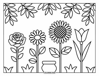 Desenho de flores para colorir para crianças: Uma fileira de flores desabrochando, cada uma com formato e arranjo de pétalas únicos