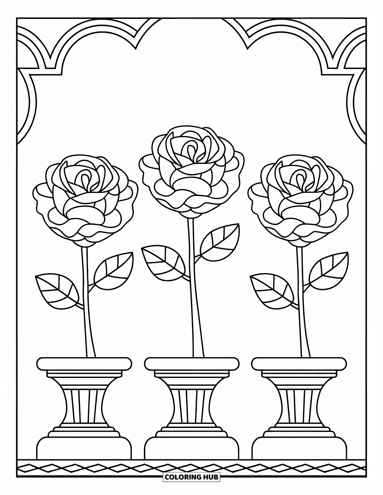 Blumen Ausmalbild für Kinder: Eine Reihe von Rosen, die auf einem Podest ruhen, mit weichen, geschichteten Blütenblättern