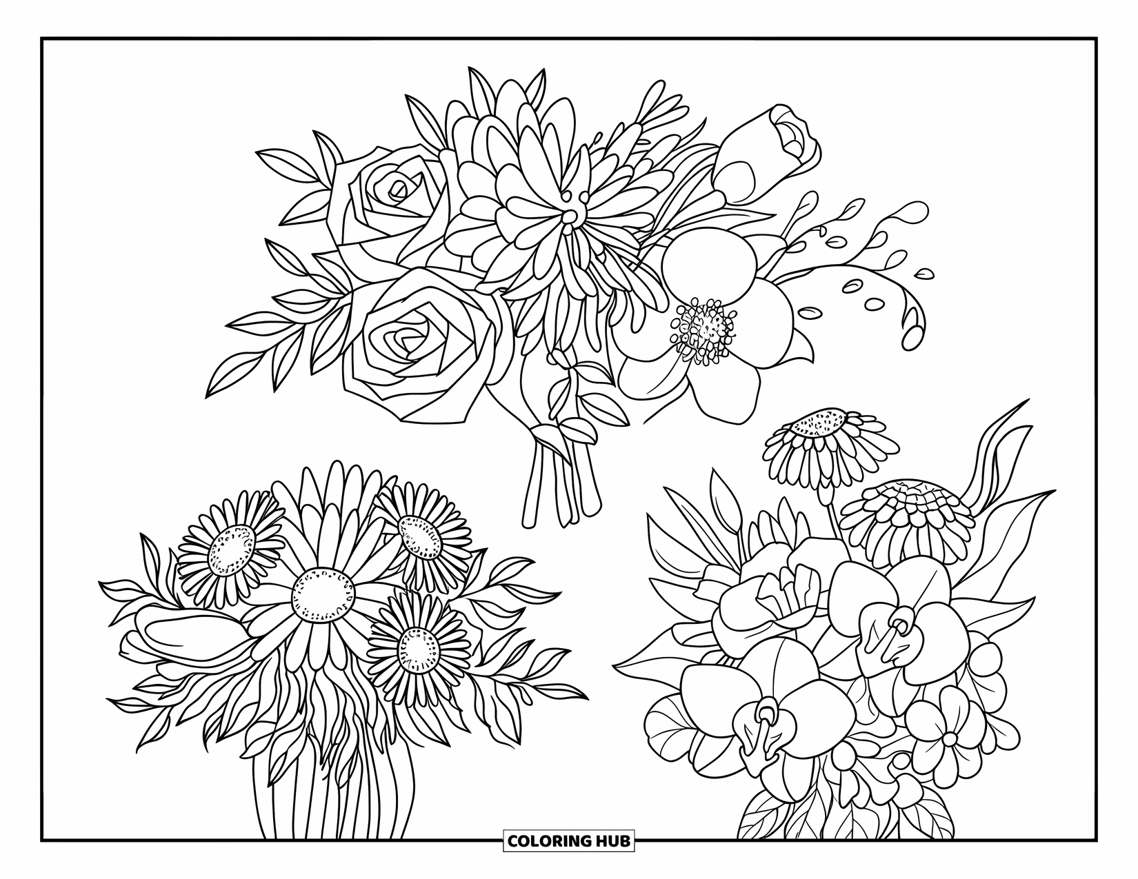 Blumen Ausmalbild für Kinder: Ein Satz aus drei Blumensträußen mit Rosen, Lilien, Sonnenblumen, Gänseblümchen und Pfingstrosen in verschiedenen Vasen