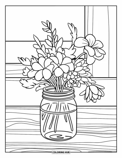 Desenho de flores para colorir para crianças: Um pequeno pote de vidro cheio de flores sobre uma superfície de madeira, com fundo limpo e sem excesso de elementos