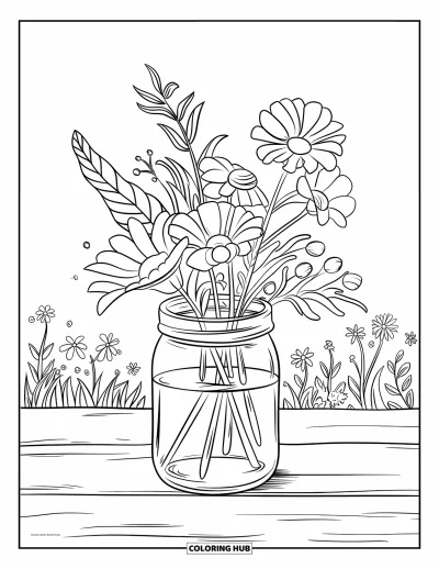 Desenho de flores para colorir para crianças: Um pequeno pote de vidro cheio de flores recém-colhidas sobre uma superfície de madeira em um campo tranquilo
