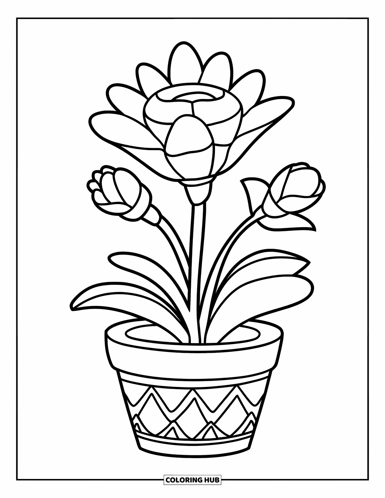Blumen Ausmalbild für Kinder: Eine kleine Pflanze mit einer einfachen Blume und Knospen, die in einem dekorativen Topf sitzt
