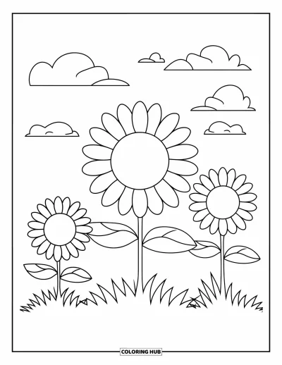 Desenho de flores para colorir para crianças: Um campo de girassóis com três flores grandes e pequenas nuvens no céu, desenhado com contornos marcantes
