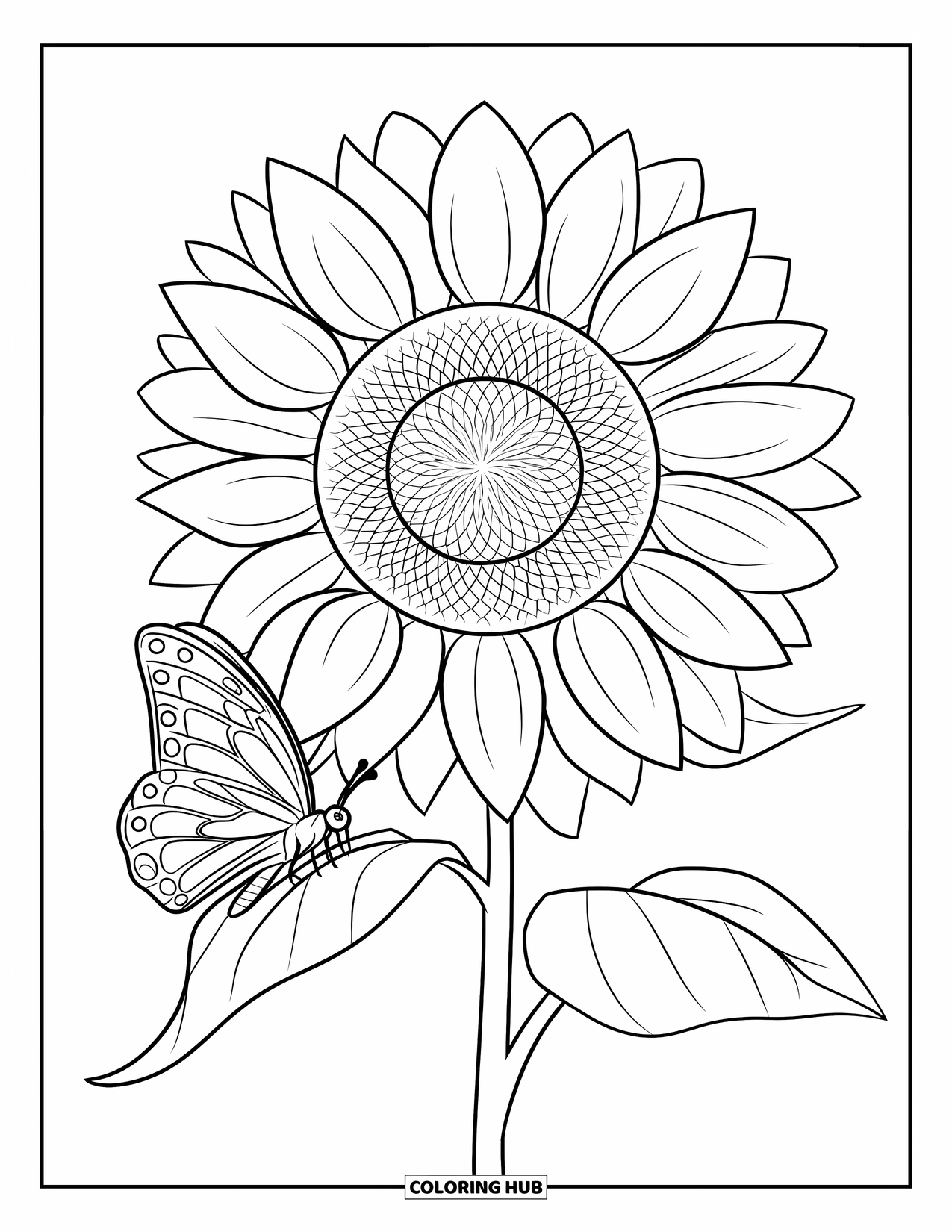 Blumen Ausmalbild für Kinder: Eine Sonnenblume mit geschichteten Blütenblättern, die hoch steht, während ein Schmetterling in der Nähe ruht