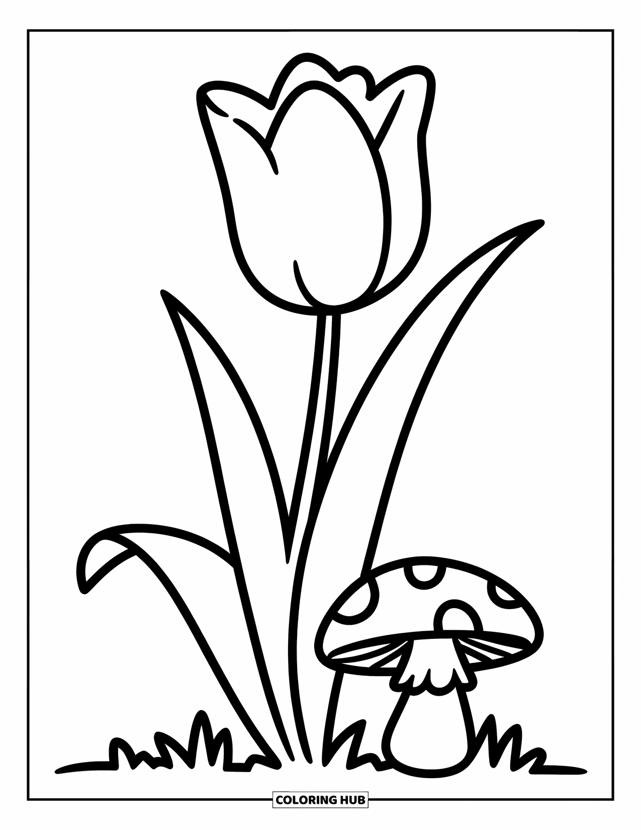 Blumen Ausmalbild für Kinder: Eine hohe Tulpe mit einem eleganten Stiel und ein Pilz mit einer abgerundeten Kappe