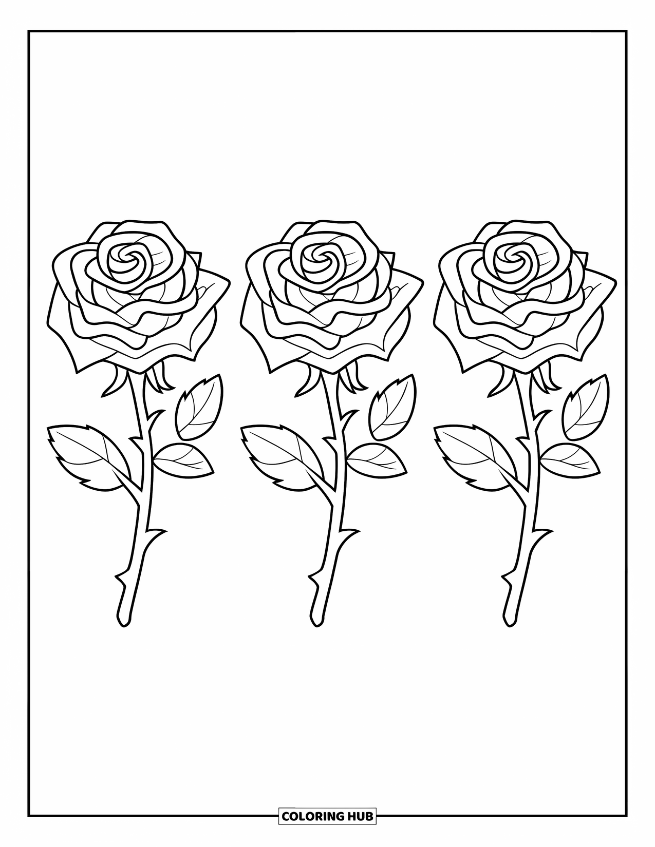 Blumen Ausmalbild für Kinder: Ein Trio blühender Rosen, ordentlich mit glatten, gebogenen Blütenblättern angeordnet