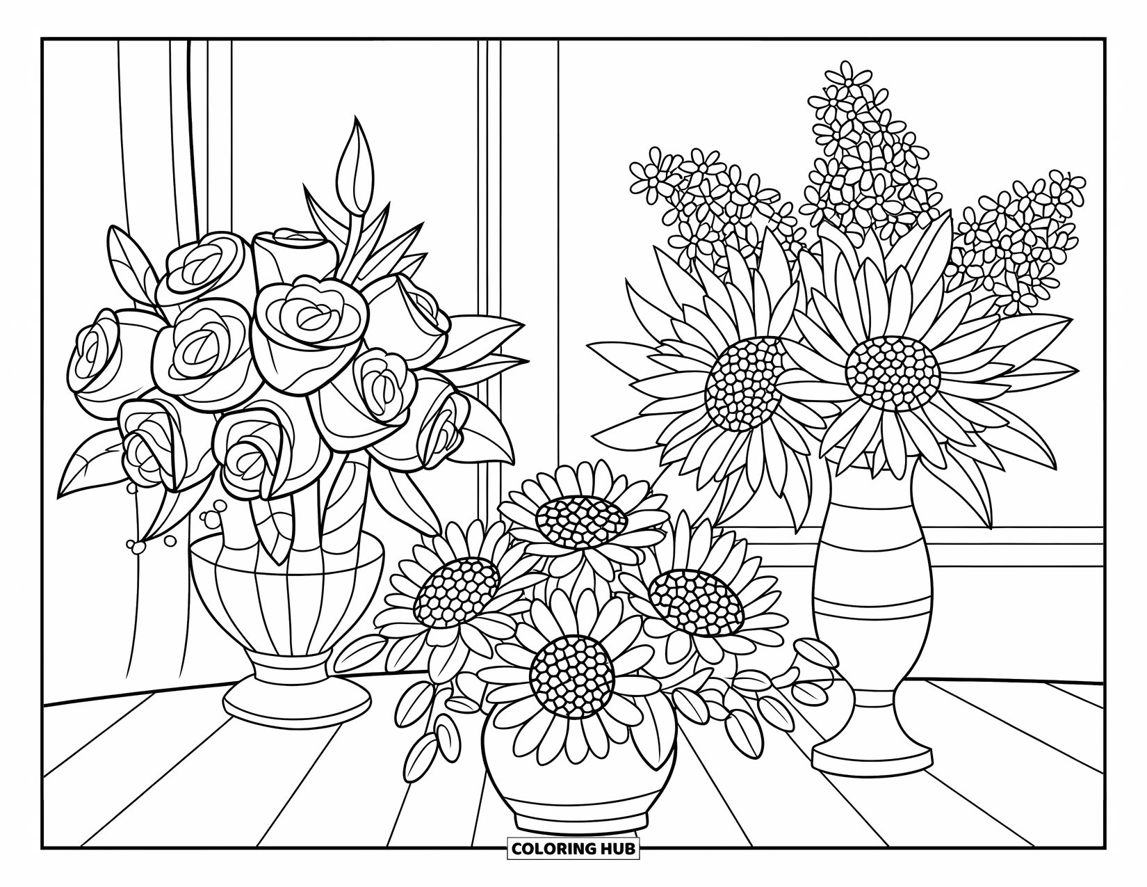Blumen Ausmalbild für Kinder: Ein Trio von Blumensträußen in eleganten Vasen, platziert vor einem gemusterten Hintergrund