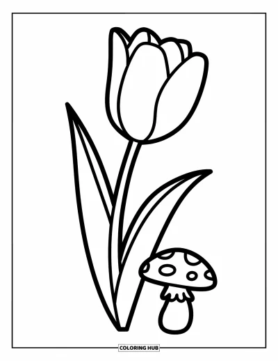 Desenho de flores para colorir para crianças: Uma tulipa de caule longo ao lado de um cogumelo pequeno