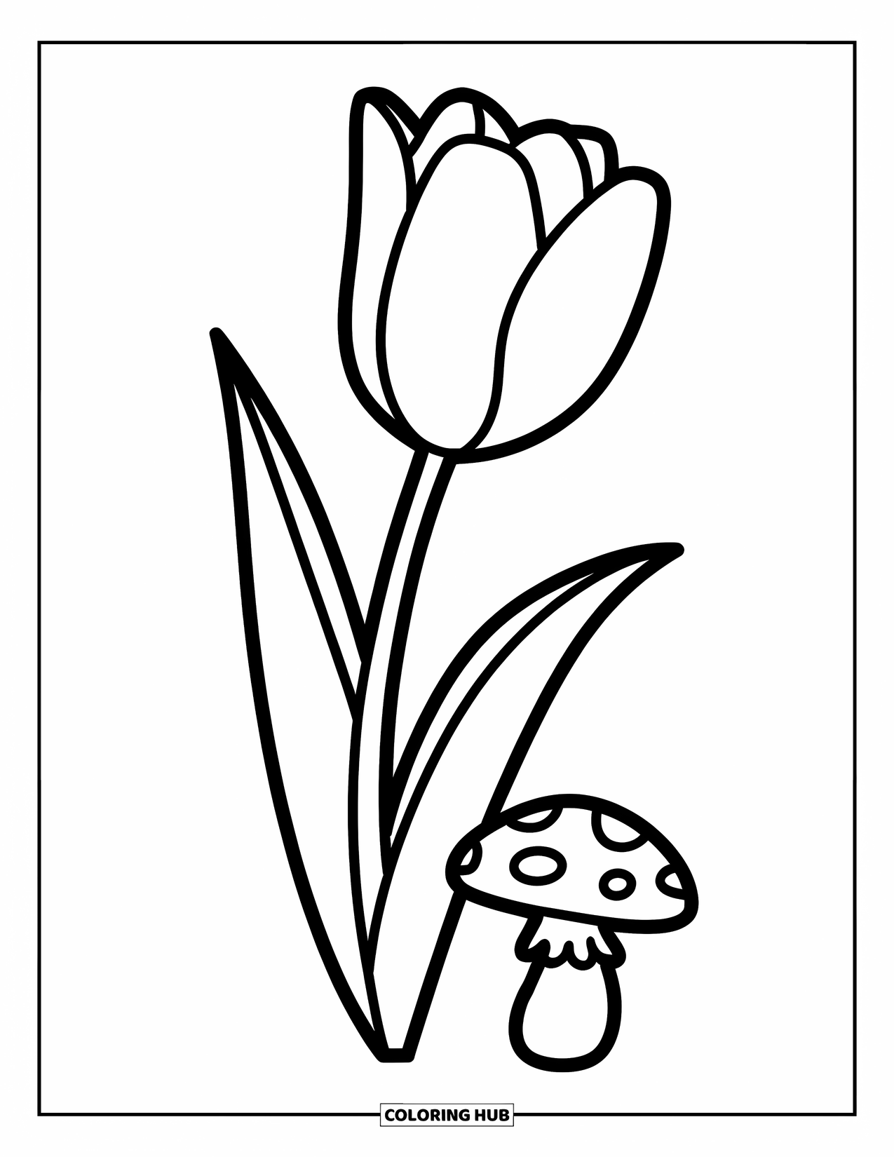 Blumen Ausmalbild für Kinder: Eine Tulpe mit einem langen Stiel, die neben einem kleinen Pilz steht