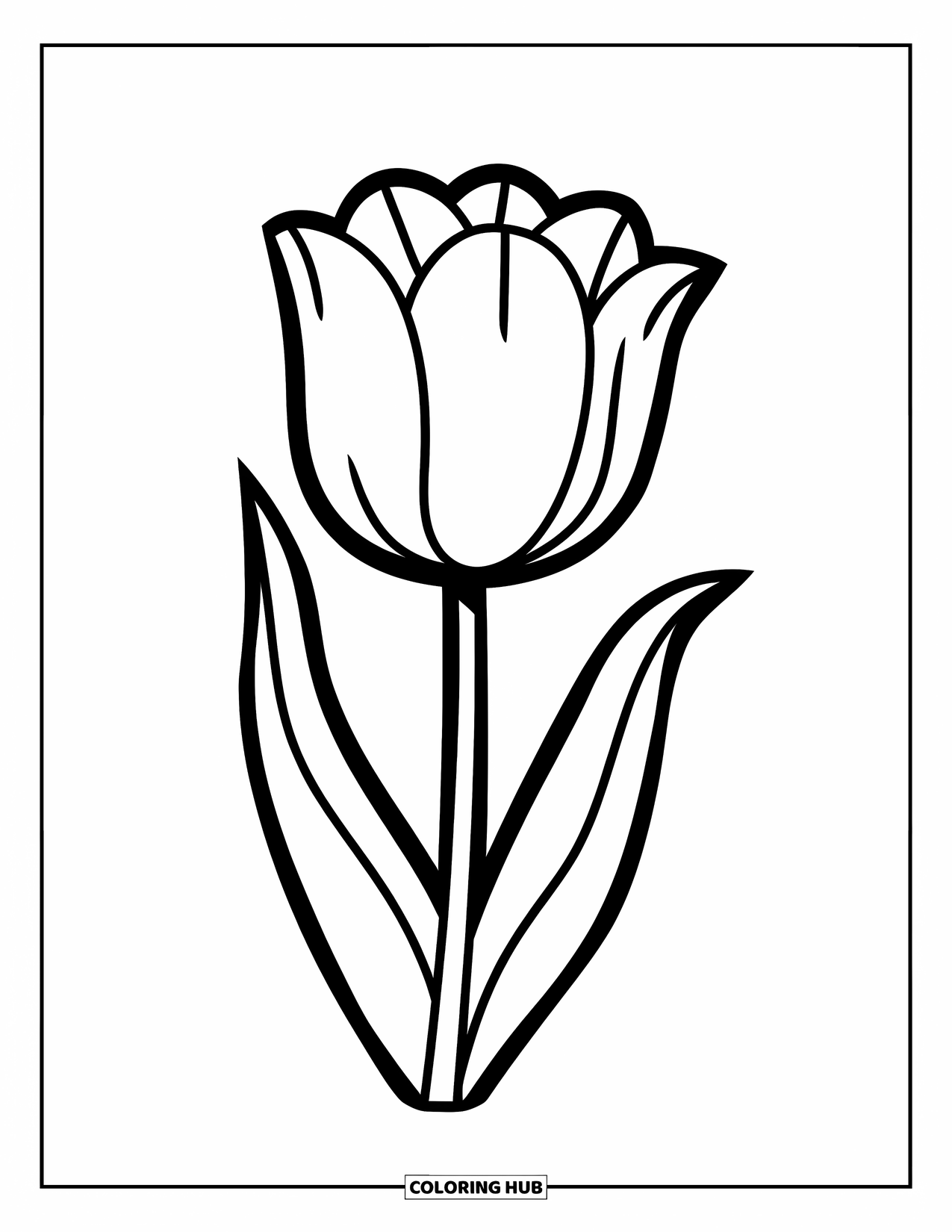 Blumen Ausmalbild für Kinder: Eine Tulpe mit großen, gebogenen Blütenblättern und einem schlanken Stiel