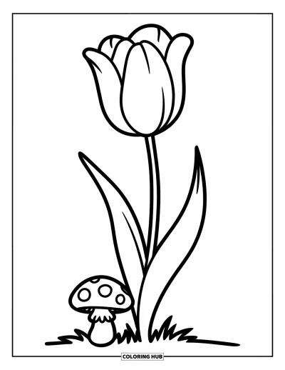 Desenho de flores para colorir para crianças: Uma tulipa de pétalas suaves crescendo ao lado de um cogumelo pequenino