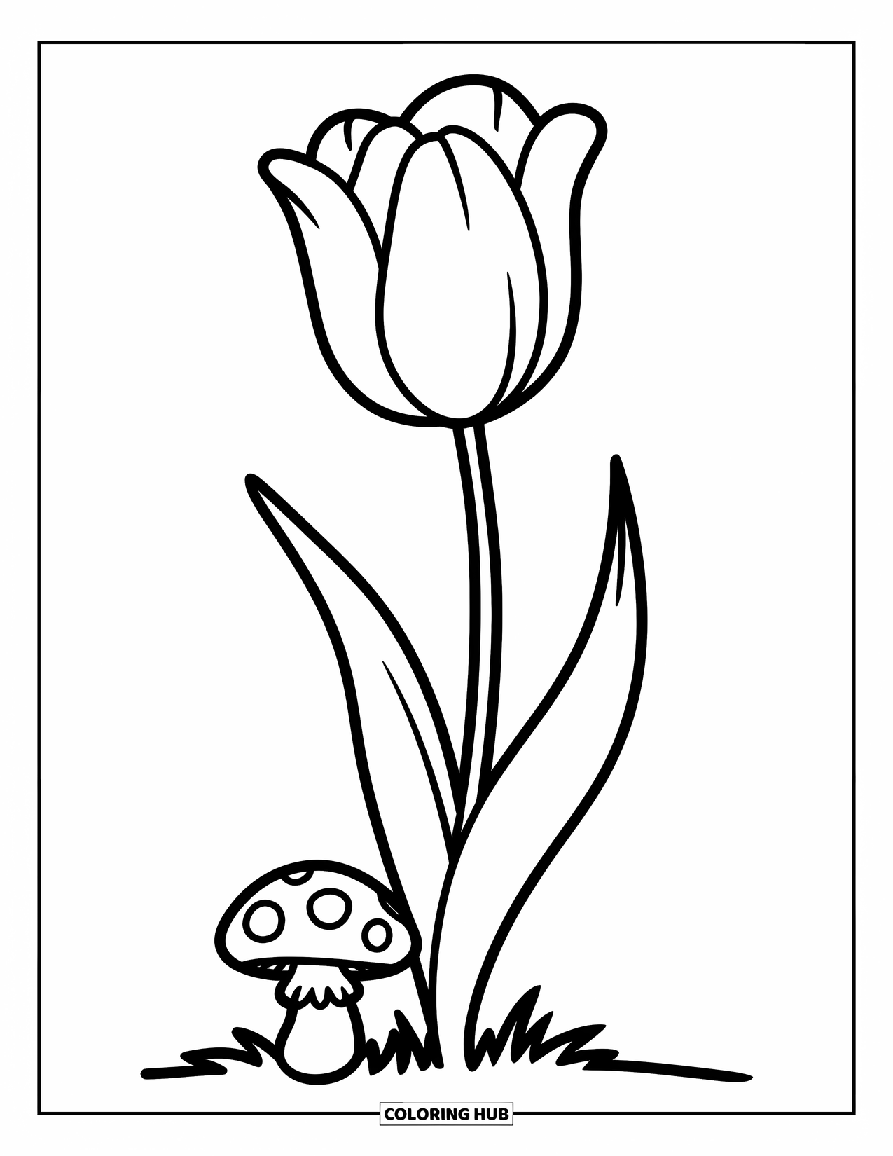 Blumen Ausmalbild für Kinder: Eine Tulpe mit glatten Blütenblättern, die neben einem winzigen Pilz wächst