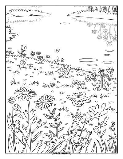 Desenho de flores para colorir para crianças: Uma variedade de flores silvestres floresce em um campo com brisa perto de um lago calmo, refletindo pétalas delicadas