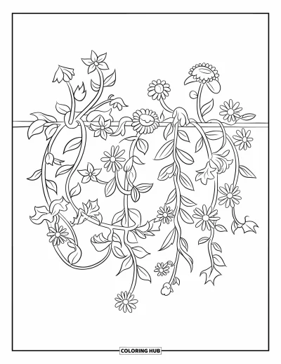 Desenho de flores para colorir para crianças: Uma trepadeira com flores desabrochando atravessa o desenho em um traço fluido