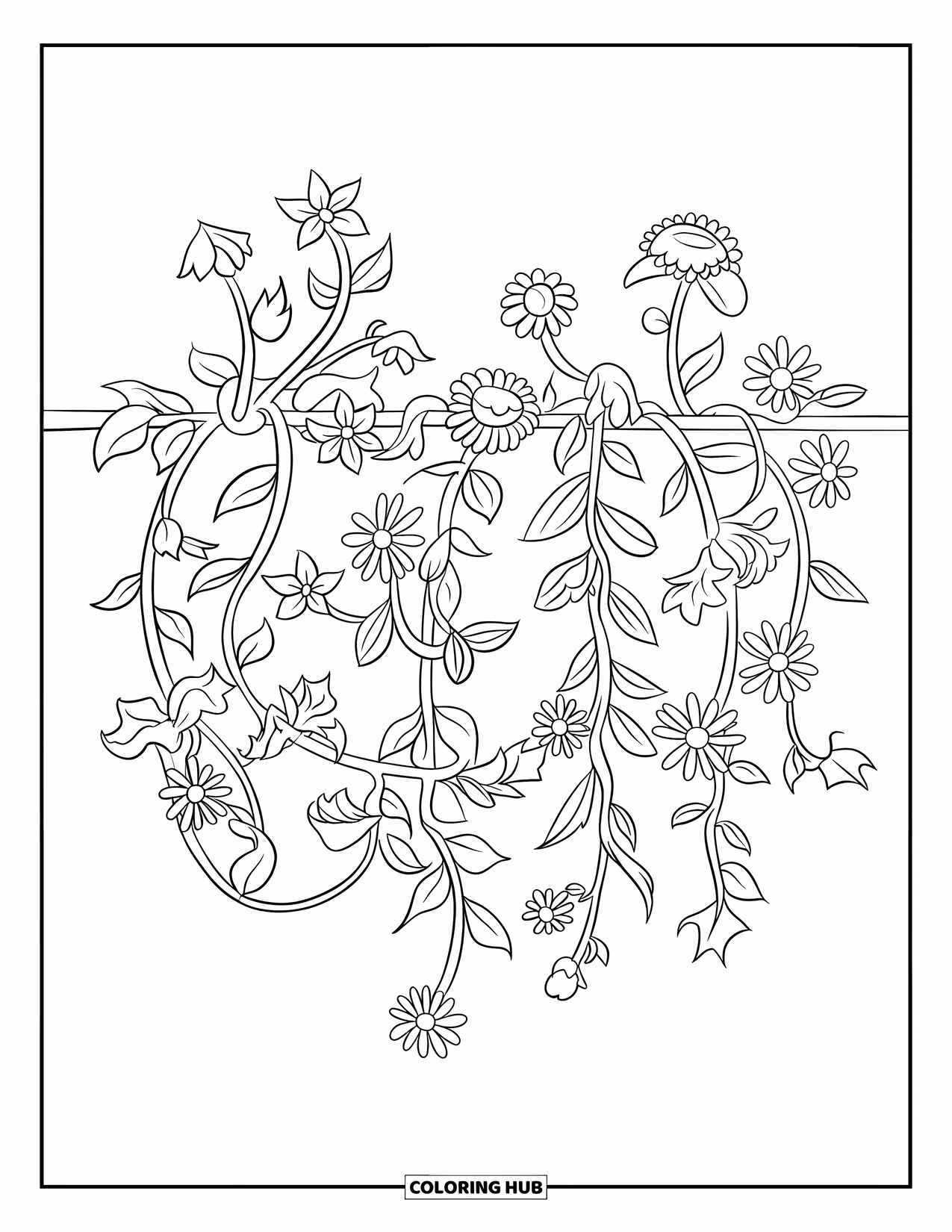 Blumen Ausmalbild für Kinder: Eine Ranke mit blühenden Blumen, die sich in einem fließenden Design über die Seite erstreckt