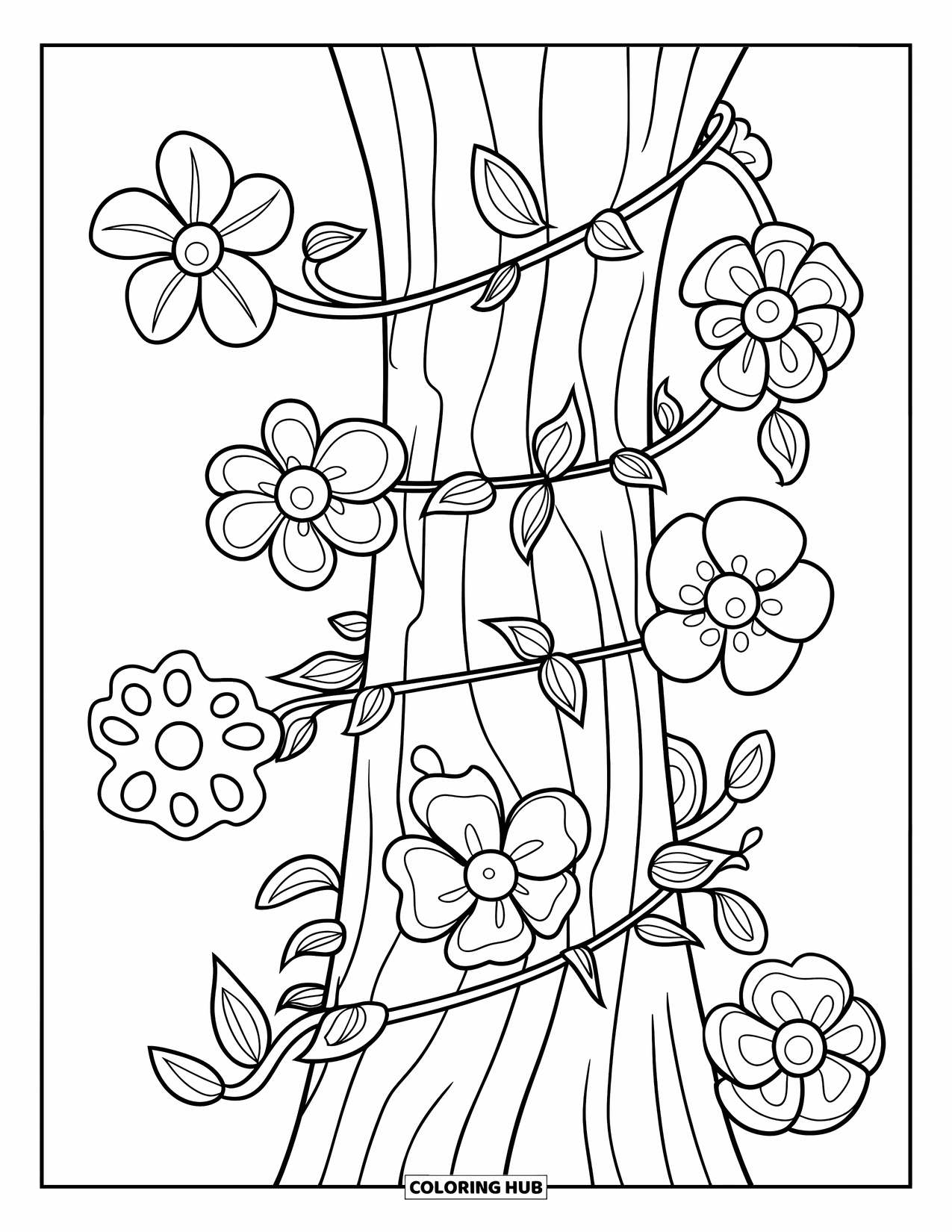 Blumen Ausmalbild für Kinder: Eine sich windende Ranke, die um einen Baumstamm gewickelt ist und mit Blumen verschiedener Formen und Größen blüht