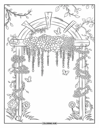 Desenho de flores para colorir para crianças: Um arco floral de madeira decorado com trepadeiras floridas e borboletas pousadas nas flores