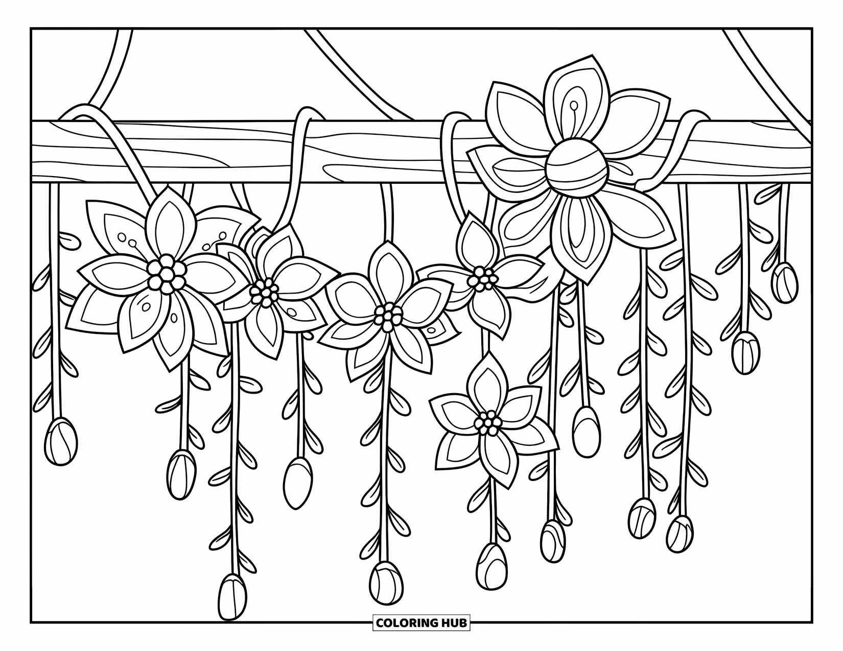Blumen Ausmalbild für Kinder: Eine Holzsäule ist mit einer Ranke aus exotischen Blumen und hängenden Knospen umwickelt, jede mit einzigartigen Formen
