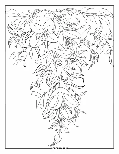 Desenho de flores para colorir para crianças: Um arranjo de lírios grandes e folhas detalhadas cai em cascata em um design fluido