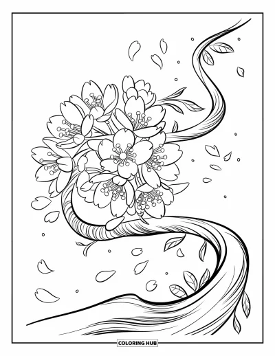 Desenho de flores para colorir para crianças: Flores de cerejeira desabrocham em um galho retorcido, com algumas pétalas flutuando suavemente