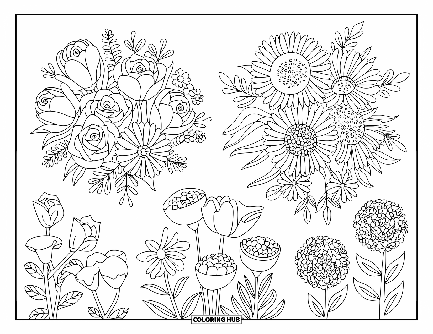 Blumen Ausmalbild für Kinder: Drei Blumensträuße, die mit Rosen, Tulpen, Sonnenblumen, Gänseblümchen und Orchideen in einzigartigen Designs arrangiert sind