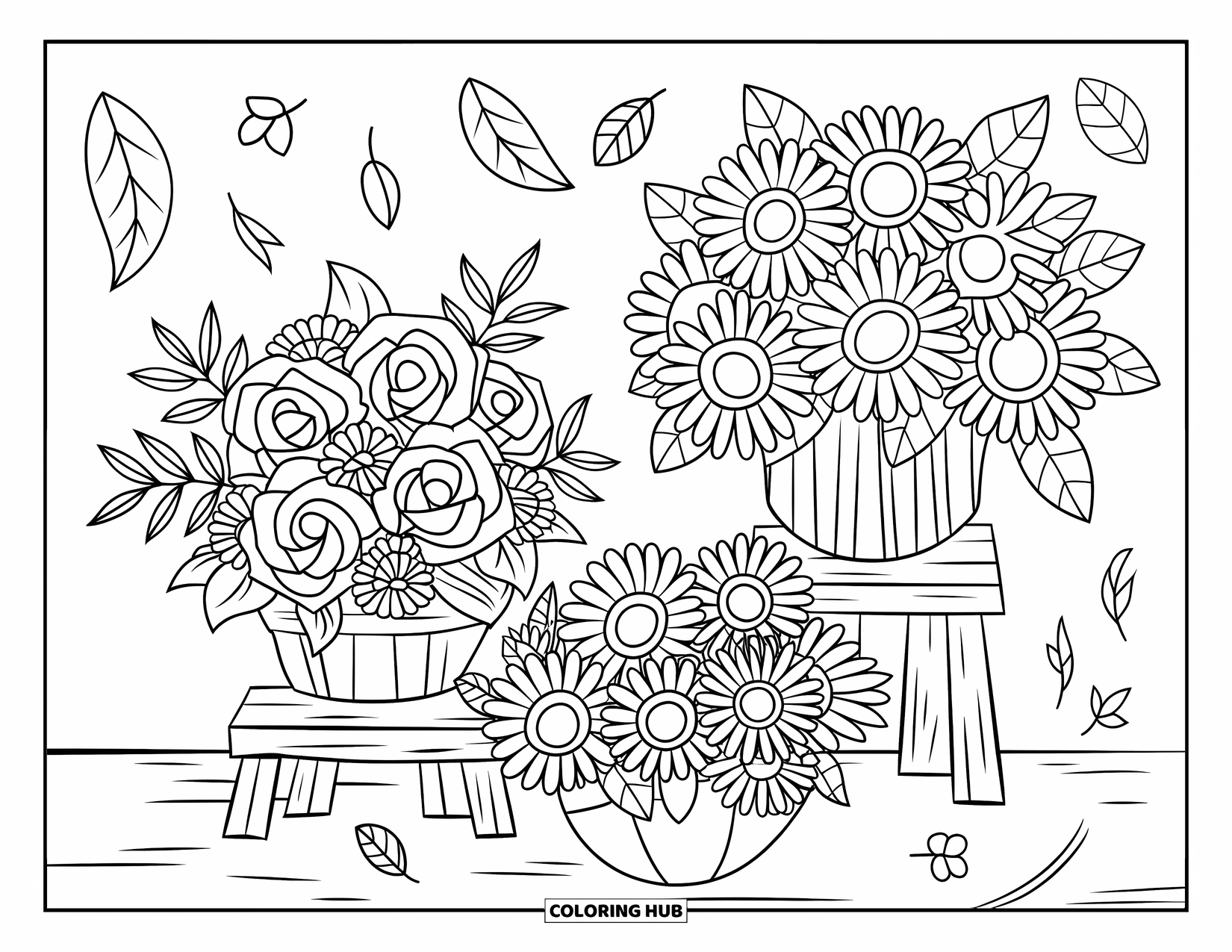 Blumen Ausmalbild für Kinder: Drei Blumensträuße ruhen auf einem rustikalen Ständer, wobei verstreute Blätter eine natürliche Note verleihen