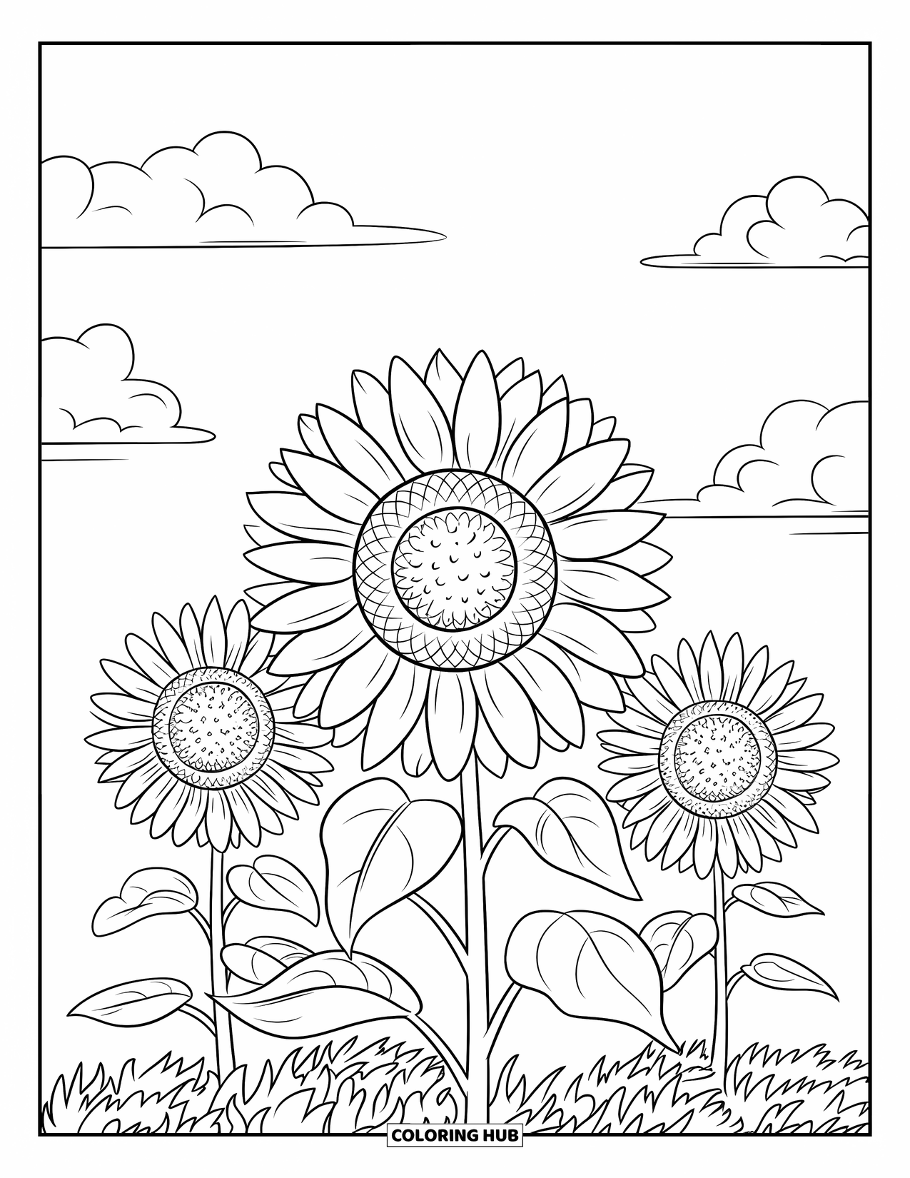 Blumen Ausmalbild für Kinder: Drei Sonnenblumen blühen in einem weiten Feld, mit Bergen und einem Gewässer in der Ferne