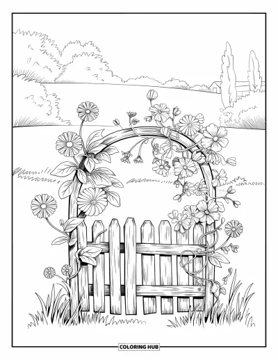 Desenho de flores para colorir para crianças: Trepadeiras com flores desabrochando formam um arco sobre uma pequena cerca de madeira, com colinas e árvores ao fundo