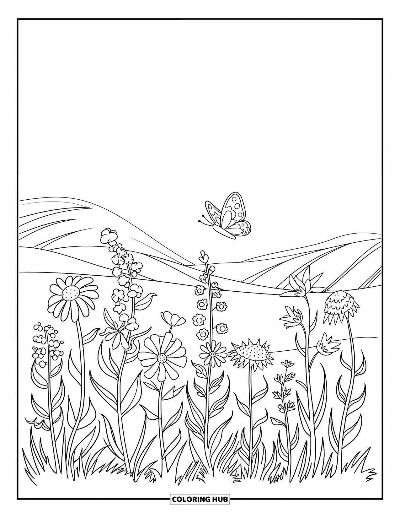 Blumen Ausmalbild für Kinder: Wildblumen verschiedener Formen und Größen tanzen im Wind, mit einem Schmetterling, der darüber fliegt
