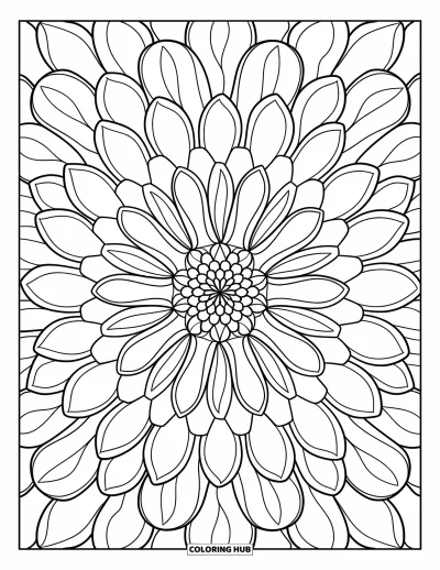 Blumenmandala-Ausmalbild für Erwachsene: Ein ruhiges Dahlienmandala aus feinen Linien und symmetrischen Blütenblattformen