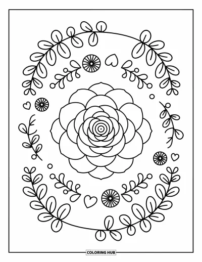 Blumenmandala-Ausmalbild für Erwachsene: Ein Kamelienmandala blüht mit Herzen, Blattfächern und zarten Ranken