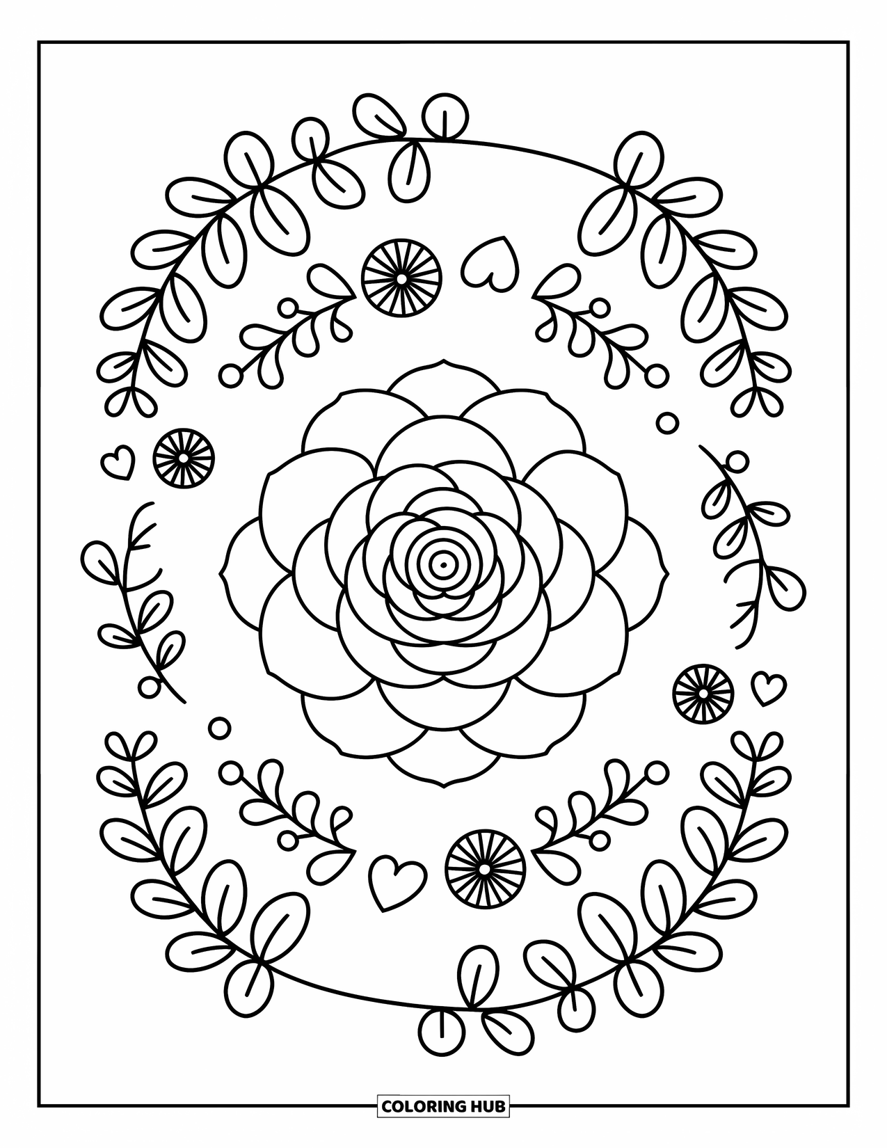 Bloemen Mandala Kleurplaat voor Volwassenen: Een camelia mandala bloeit met harten, bladwaaiers en zachte wijnranken