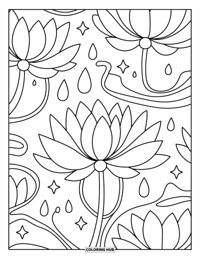 Blumenmandala-Ausmalbild für Erwachsene: Ein verträumtes Lotusmandala leuchtet mit Blütenblättern, Tropfen und sanften Wellen