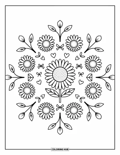Blumenmandala-Ausmalbild für Erwachsene: Eine große Sonnenblume strahlt in der Mitte, umgeben von Mini-Sonnenblumen und Herzen