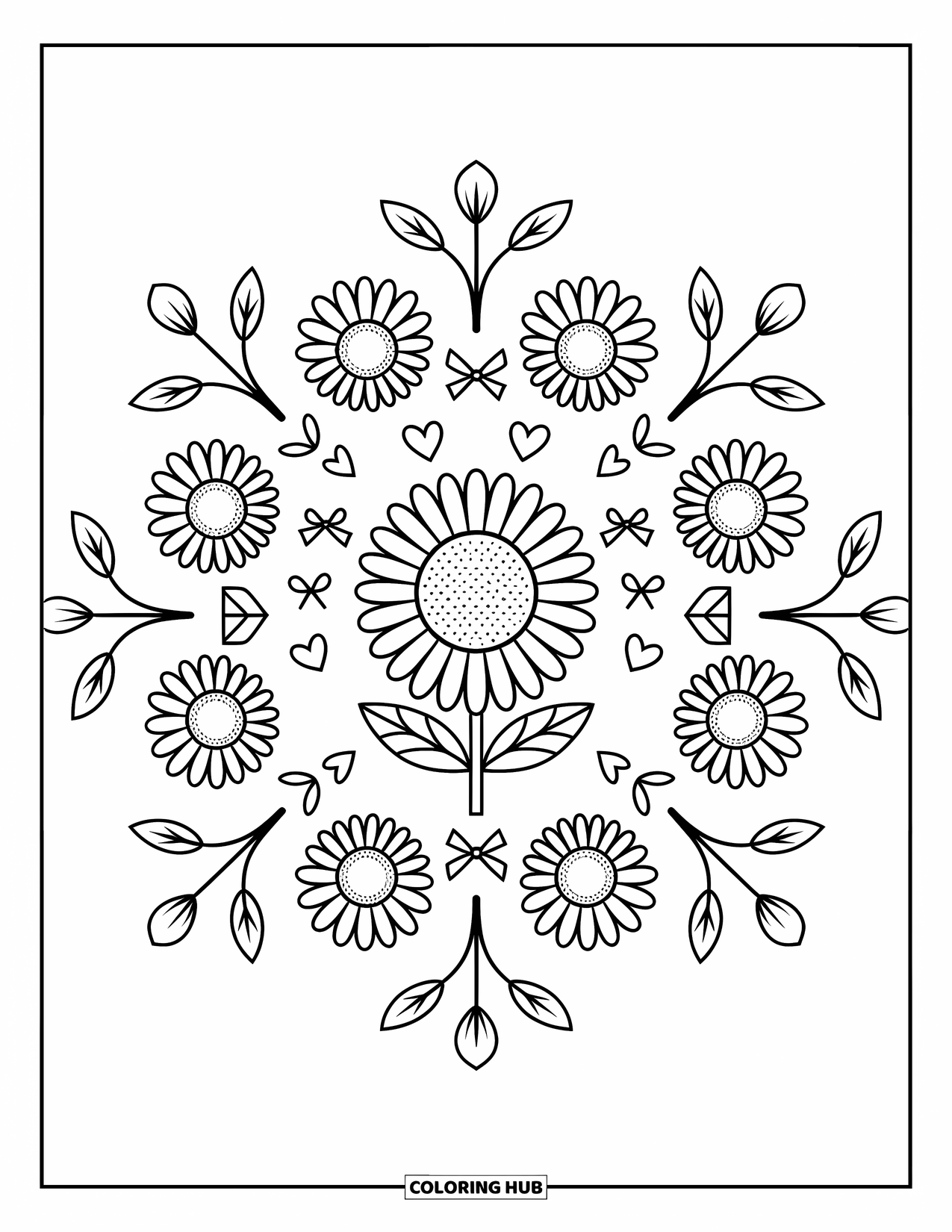 Bloemen Mandala Kleurplaat voor Volwassenen: Een grote zonnebloem schittert in het midden, omringd door mini zonnebloemen en harten