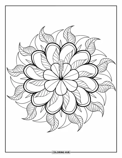Blumenmandala-Ausmalbild für Erwachsene: Ein geschichtetes Hibiskusmandala mit tropischen Formen und klaren, blumigen Kurven