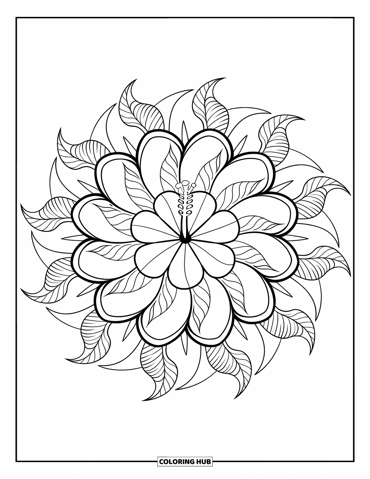 Bloemen Mandala Kleurplaat voor Volwassenen: Een gelaagde hibiscus mandala met tropische vormen en strakke, bloemige rondingen