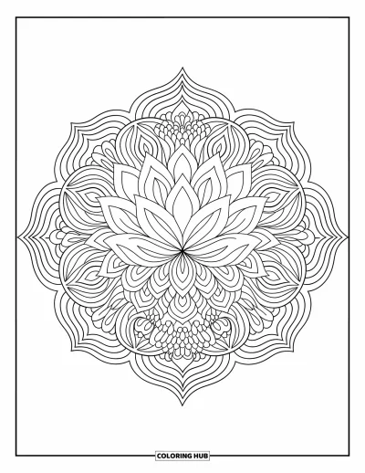 Blumenmandala-Ausmalbild für Erwachsene: Ein Lotus- und Chrysanthemenmandala verbindet weiche Blütenblätter mit spiritueller Ruhe