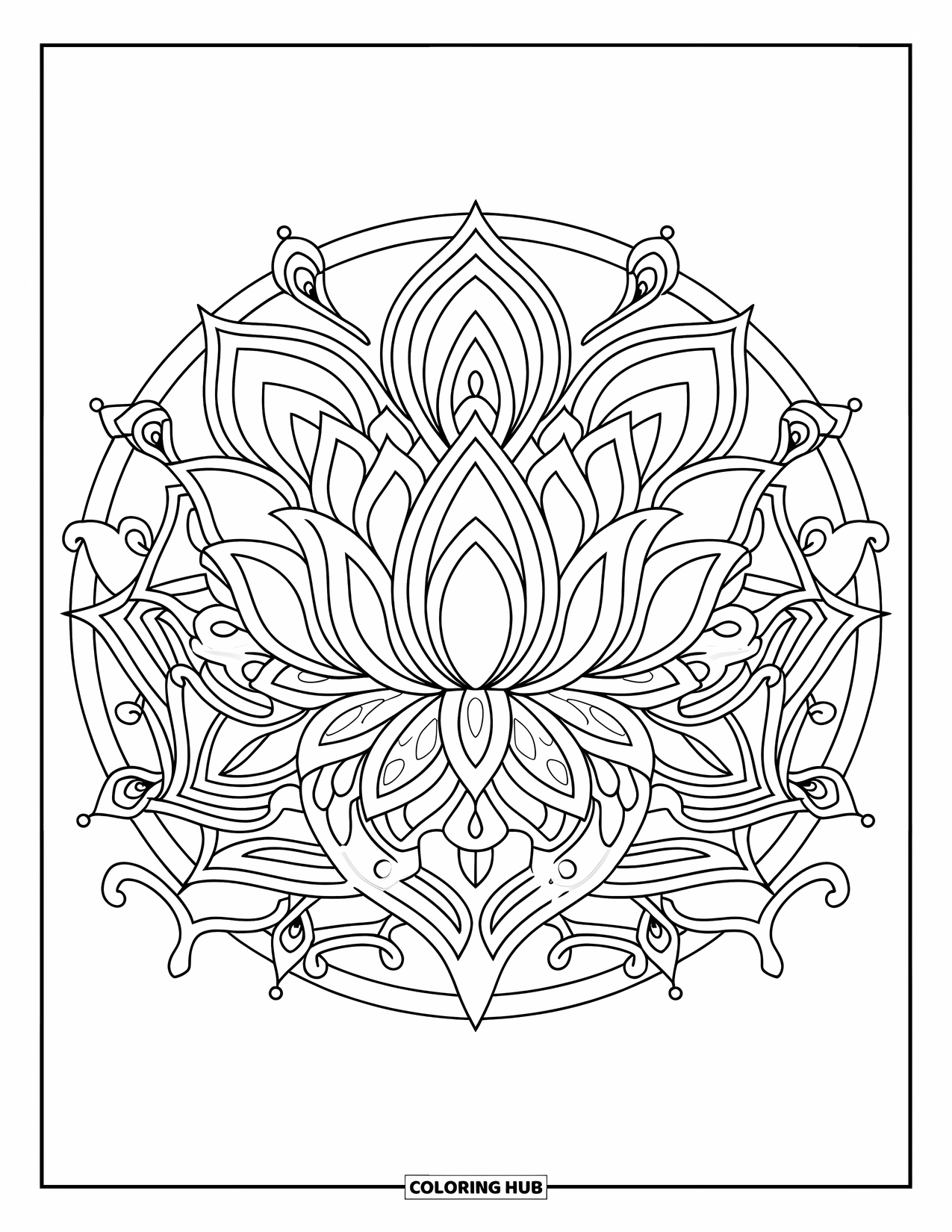 Bloemen Mandala Kleurplaat voor Volwassenen: Een lotus mandala bloeit met wijnranken en decoratieve wervelingen in het midden