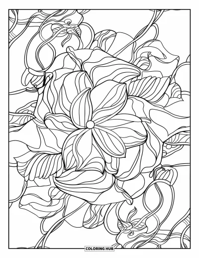 Blumenmandala-Ausmalbild für Erwachsene: Ein Mandala aus Lotus- und Rosenblüten, das mit verflochtenen Ranken und klaren Konturen erblüht